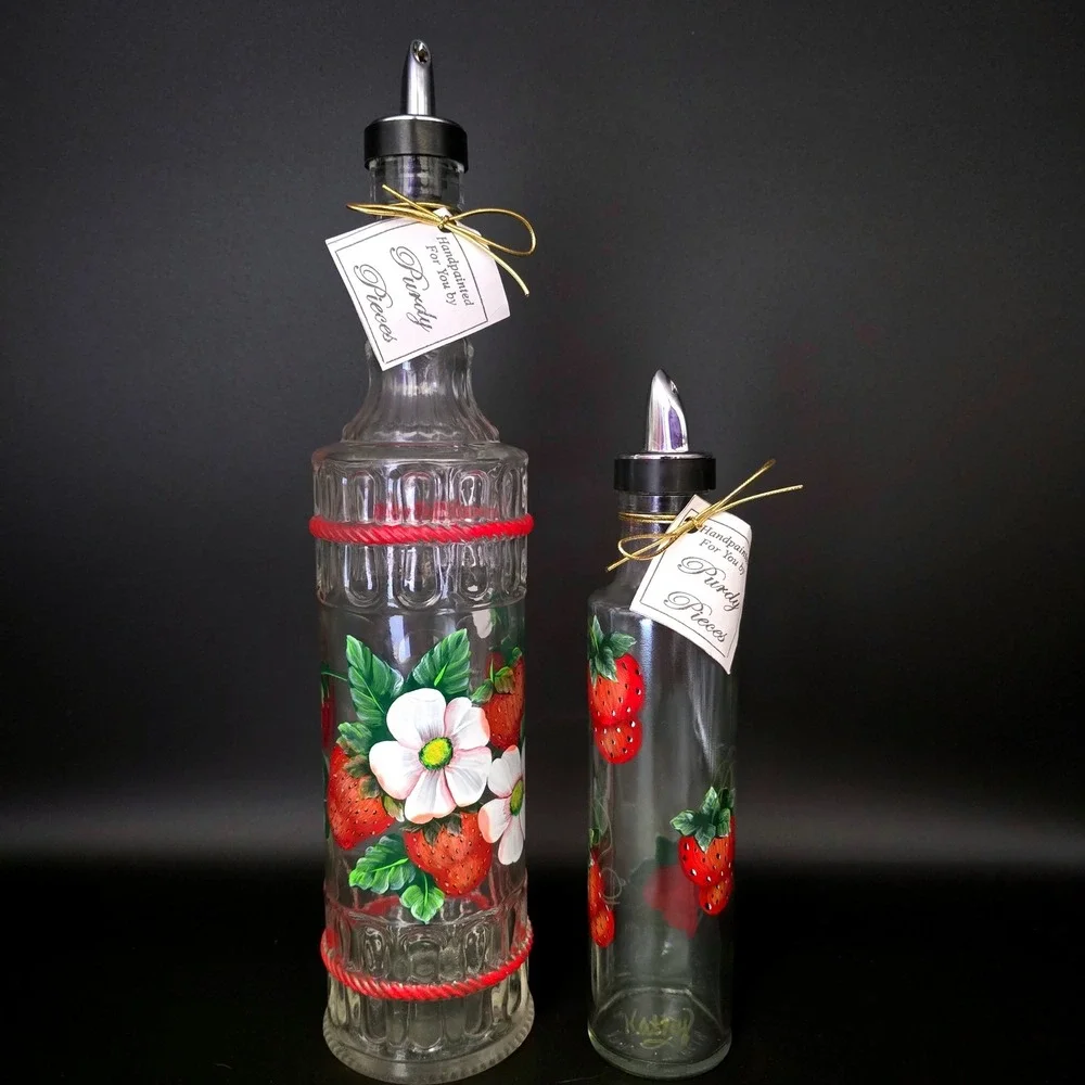 Purdy Pieces Handpainted Strawberry Glass Oil Vinegar Cruet Set Italy Spill-Stop